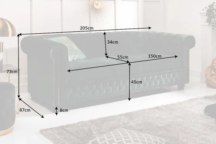 Dizajnová trojsedačka Chesterfield 205 cm zelená