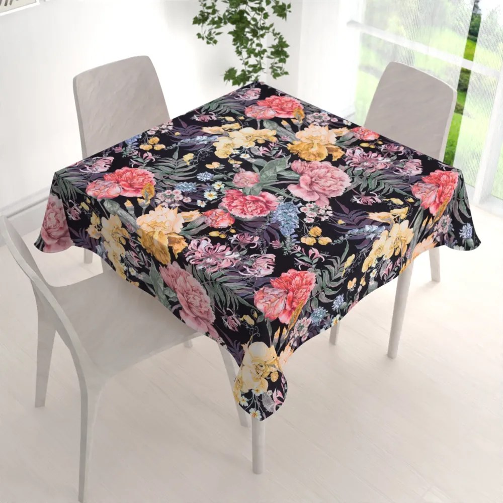 Biante Zamatový štvorcový obrus Tamara TMR-019 Záhradné kvety na čiernom 80x80 cm