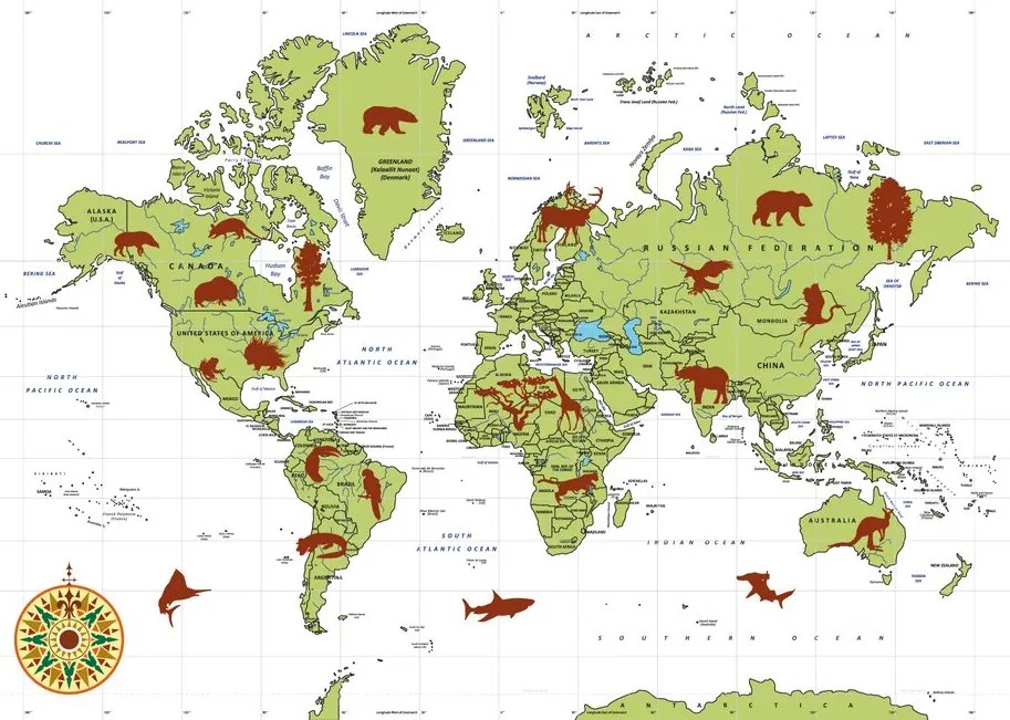 Tapeta mapa sveta so symbolickými zvieratami