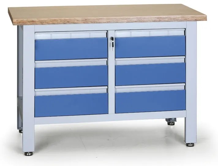 Pracovný stôl do dielne EXPERT, 6 zásuviek, 1200 x 600 x 860 - 900 mm, modrá