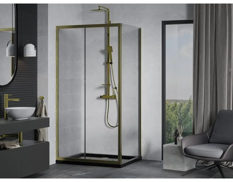 Mexen Apia, sprchový kút s posuvnými dverami 100 (dvere) x 80 (stena) cm, 6mm číre sklo, zlatý profil + čierna sprchová vanička SLIM, 840-100-080-50-00-4070G