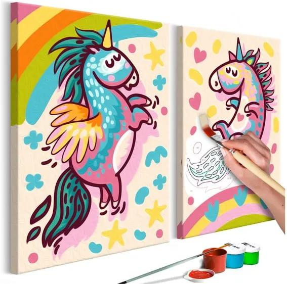 DIY set na tvorbu vlastného dvojdielneho obrazu na plátne Artgeist Chubby Unicorns, 33 × 23 cm