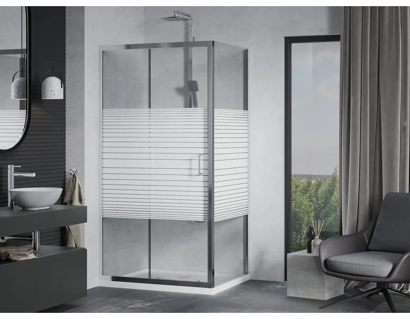 Mexen Apia, sprchový kút s posuvnými dverami 110 (dvere) x 90 (stena) cm, 6mm číre-pásy sklo, chrómový profil + slim sprchová vanička 5cm, 840-110-090-01-20-4010