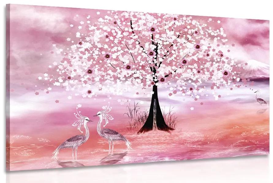 Obraz volavky pod magickým stromom v ružovom prevedení Varianta: 120x80