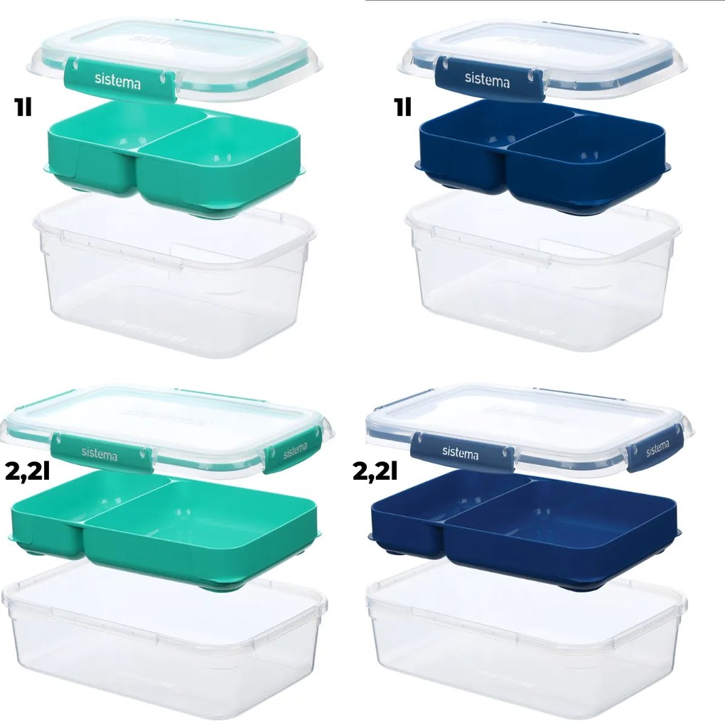 SISTEMA Súprava 4 krabičiek 2v1 na obed SISTEMA, 2x2,2l + 2x1l, modrá a zelená