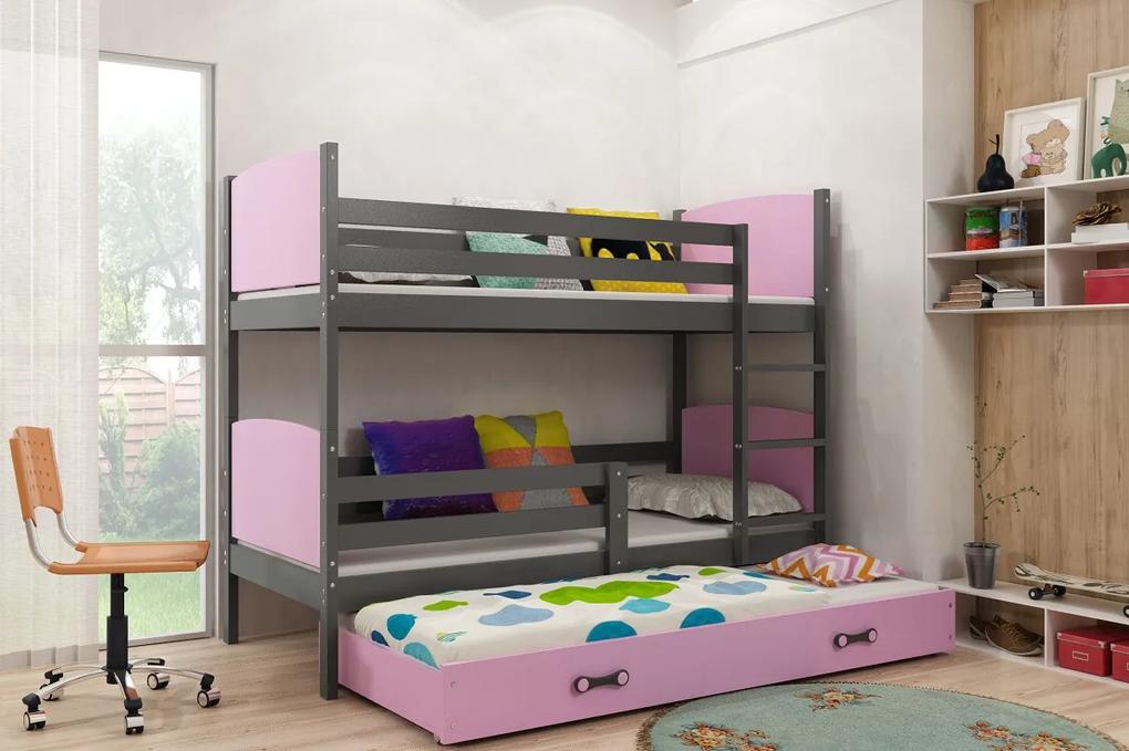 Poschodová posteľ s prístelkou TAMI 3 - 160x80cm - Grafitová - Ružová