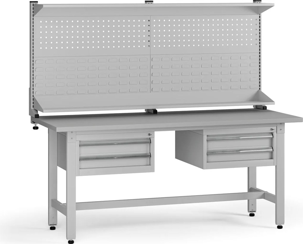 Výškovo nastaviteľný dielenský stôl G5 s nadstavbou, 1800 x 750 x 800-1000 mm, 2x kontajner, 4 zásuvky, sivá