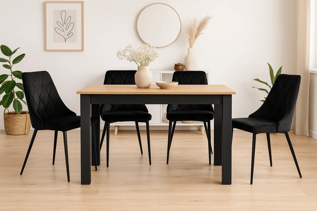 Jedálenský set 1+4, čierny stôl v dekore dub zlatý MADO 120x80cm a čierna zamatová jedálenská stolička IMOLA