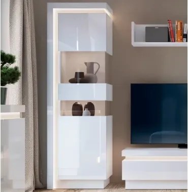 Vysoká vitrína Lyon, biela lesk, s osvetlením, pravá%