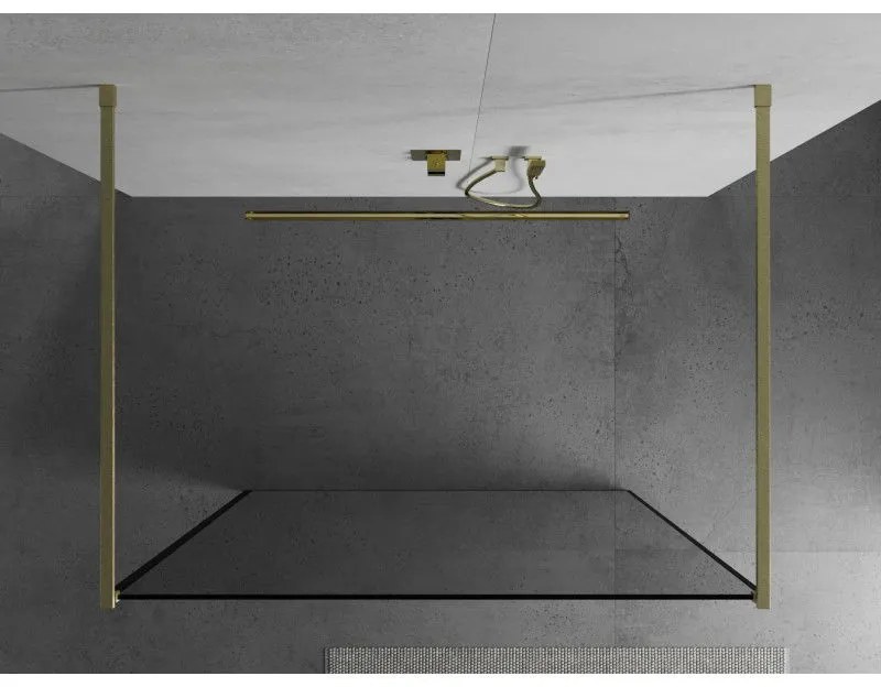Mexen Kioto, sprchová zástena Walk-In 110 x 200 cm, 8mm sklo čierny vzor, zlatý matný profil, 800-110-002-55-70