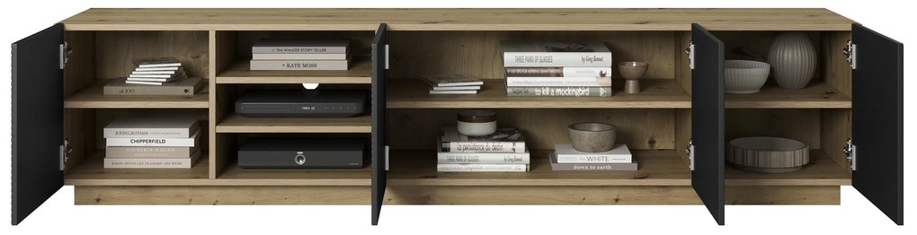 TV stolík Asha 200 cm s ryhovaným čelom - artisan / čierny mat
