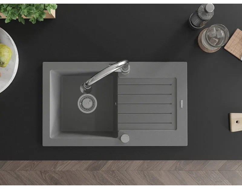 Mexen Pablo, 1-komorový granitový drez 752x436x161 mm a drezová batéria Elia, šedá, 6510-71-670101-00