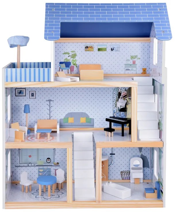 Drevený modrý domček pre bábiky + nábytok+ terasa Jokomisiada ZA5273