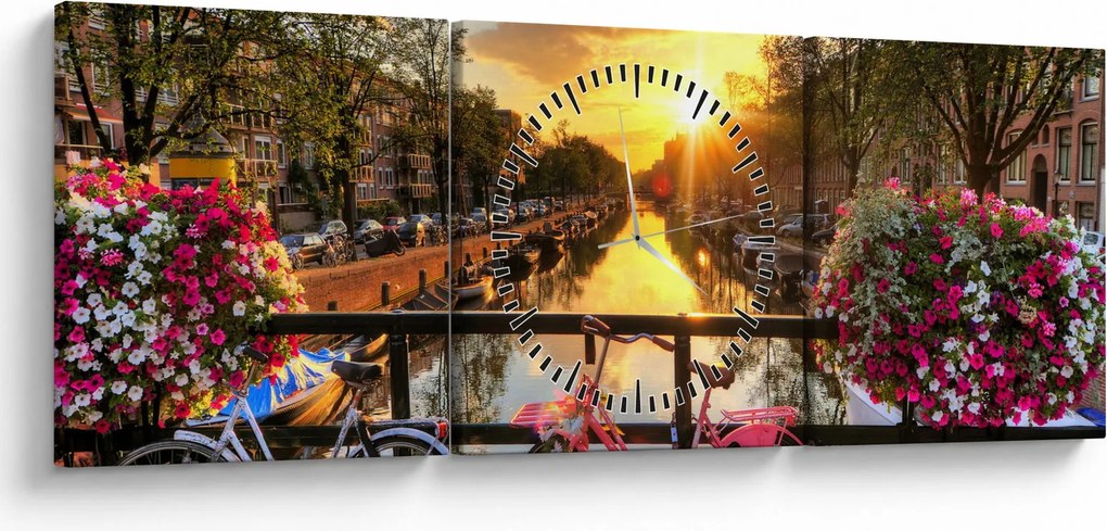 Obraz - Východ slnka v Amsterdame (s hodinami) (90x30 cm)