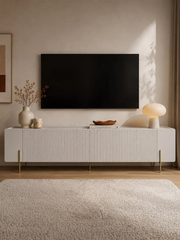 TV skrinka Malmi 200 cm - kašmír / crema bianca / zlaté nožičky