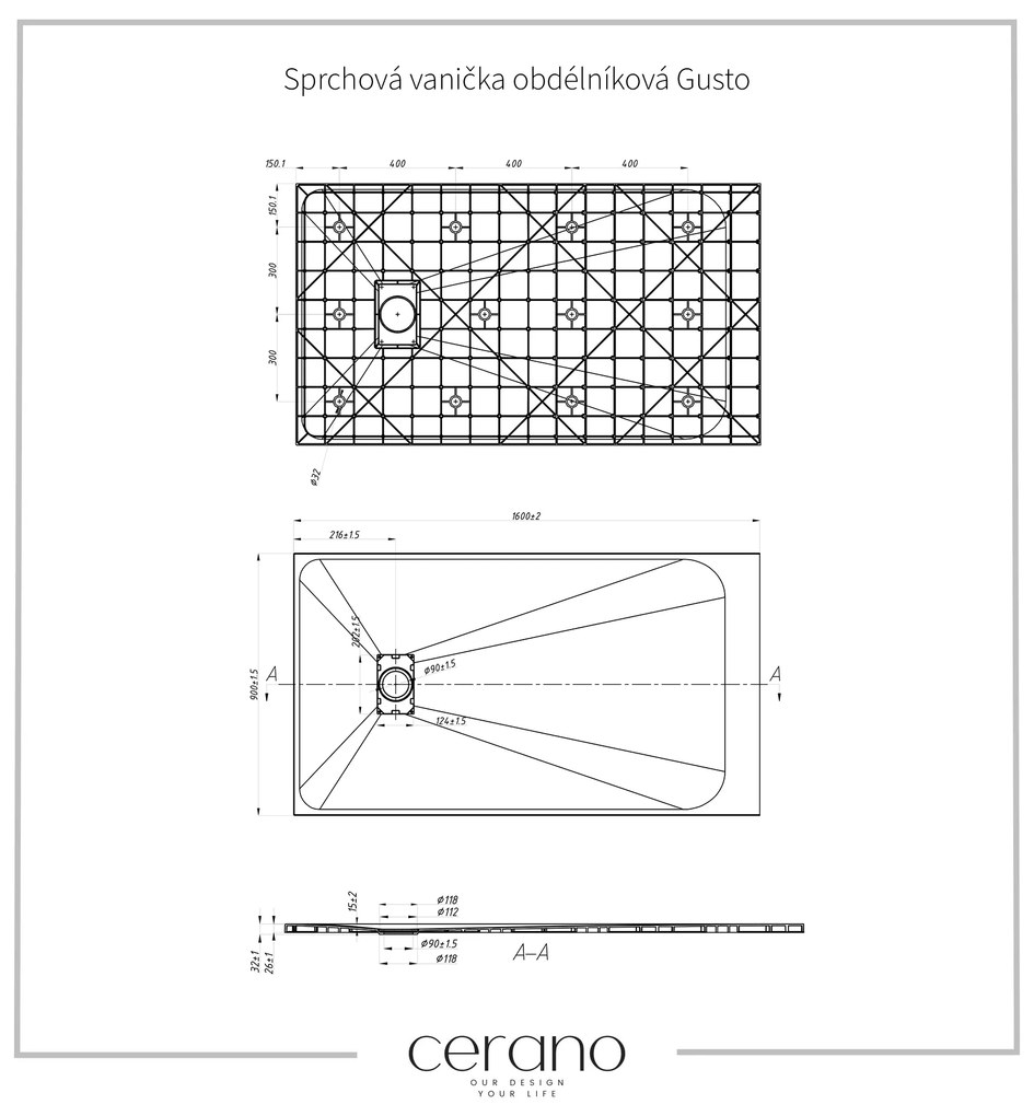 Cerano Gusto, obdĺžniková sprchová vanička 160x90x3 cm z minerálneho kompozitu, čierna matná, CER-CER-414746