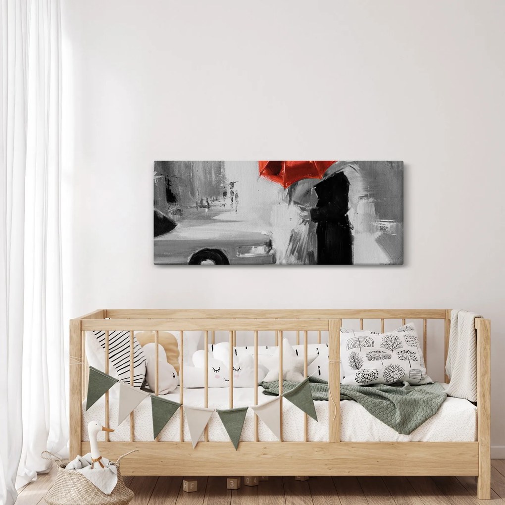 Obraz - Zamilovaný pár pod dáždnikom, červený (120x50 cm)