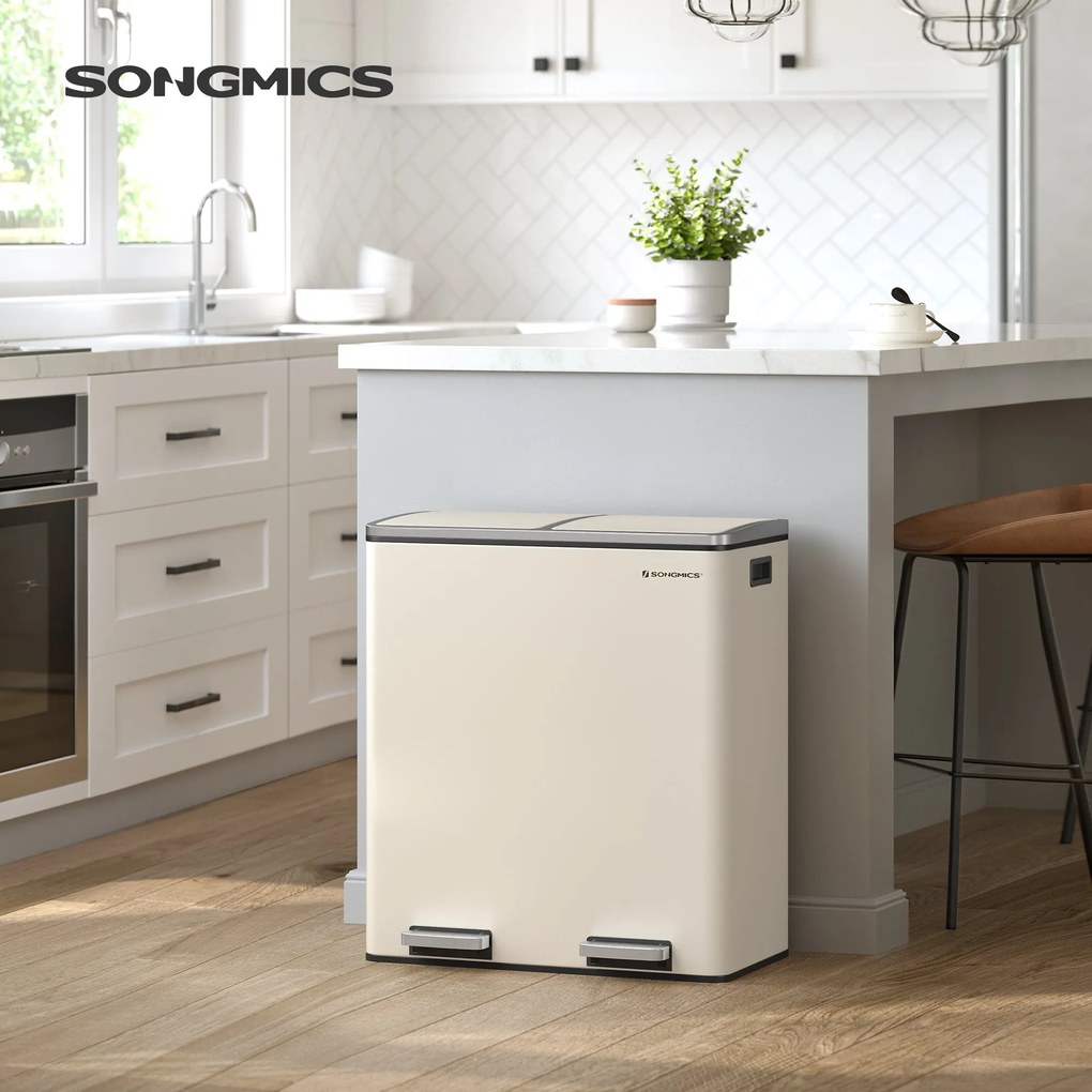 SONGMICS dvojitý odpadkový kôš, 2x30l, krémovej farby