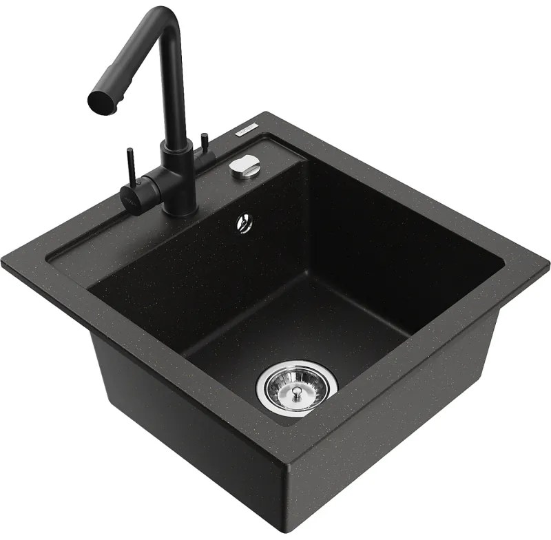 Mexen Vito, 1-komorový granitový drez 520x490x210 mm, čierna matná batéria Duero, čierna - zlatá metalíza, 6503-75-671600-70