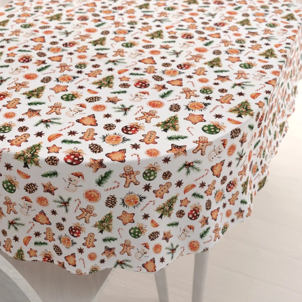 Biante Vianočný bavlnený oválny obrus Sandra SA-516 Vianočné perníčky a ozdoby na bielom 140x180 cm