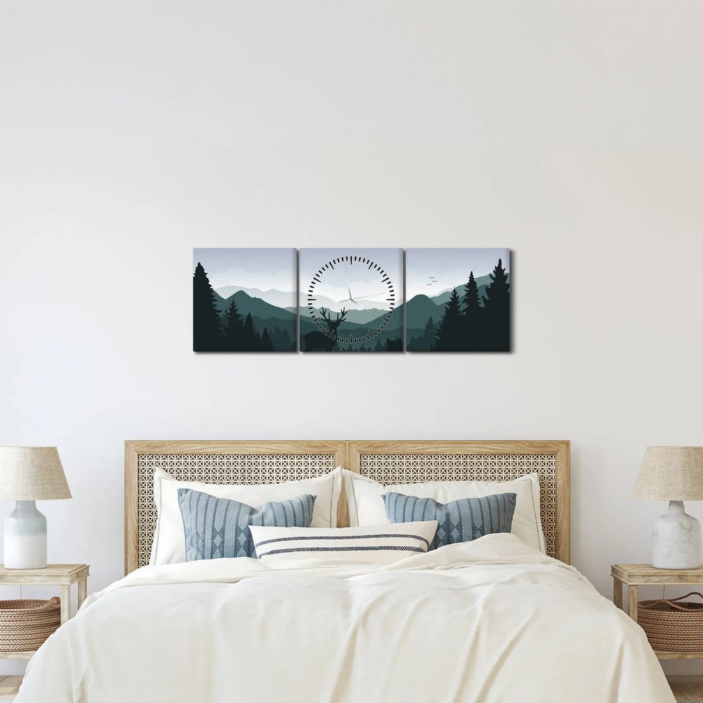 Obraz - Jeleň s vlkom v skalách (s hodinami) (90x30 cm)