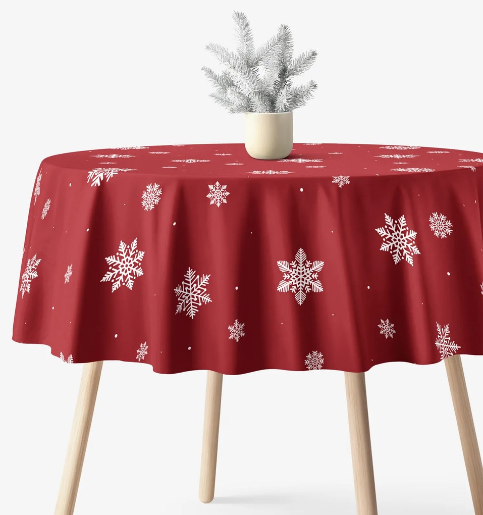 Goldea vianočný okrúhly obrus 100% bavlnené plátno - snehové vločky na červenej Ø 100 cm
