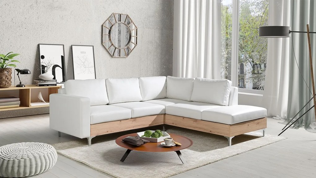Rohová pohovka Hermes Wood, Farby: ekokoža Soft 011 (čierna), Farby nožičiek: dub monastery, Strana: ľavá