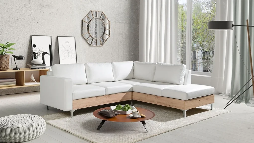 Rohová pohovka Hermes Wood, Farby: Kariba 17, Farby nožičiek: dub artisan, Strana: pravá