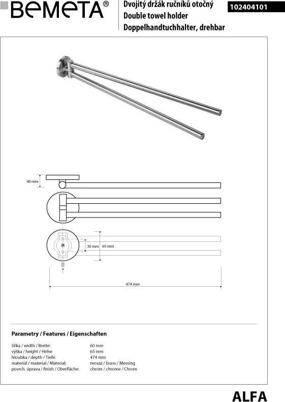 Bemeta Design ALFA: Držiak uterákov, 475 mm, dvojitý, otočný - 102404101