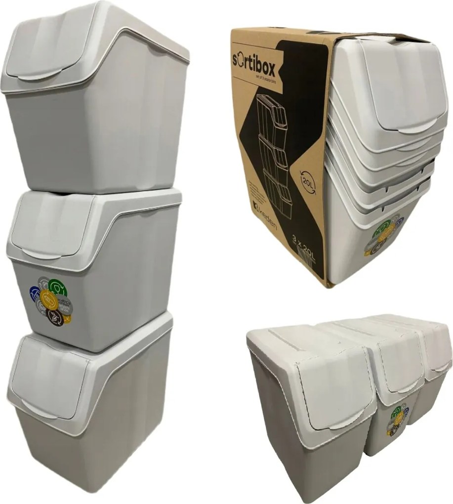 PROSPERPLAST Sada 3 odpadkových košov SORTIBOX popelavošedá – 3x20 l