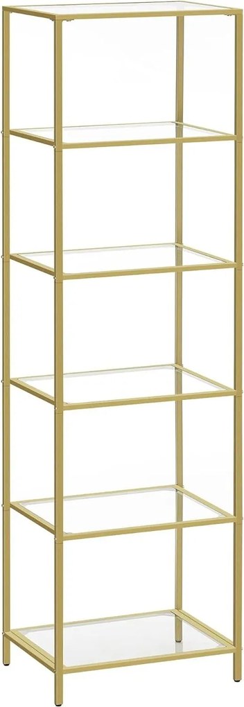 Sklenený regál, polica 6-úrovňová, oceľový rám, 30 x 40 x 177,3 cm, zlatá farba