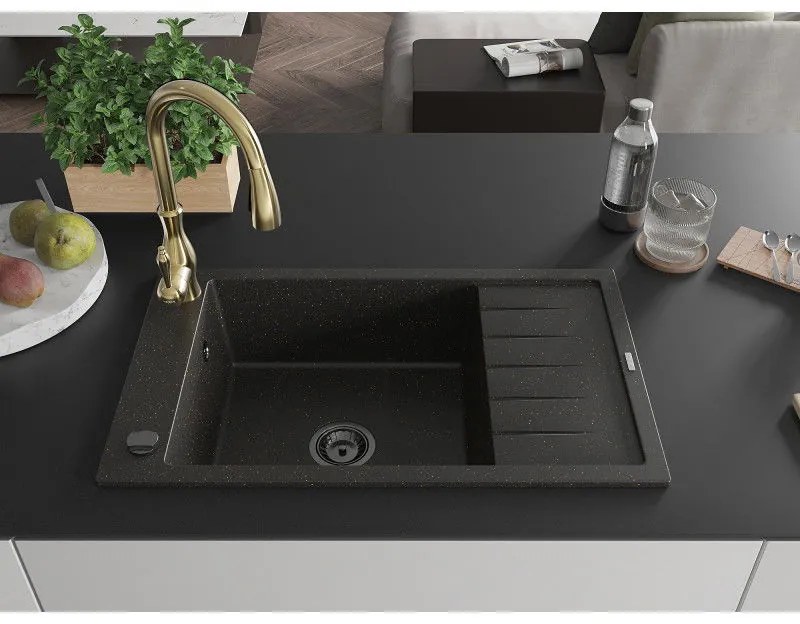 Mexen Elias, 1-komorový granitový drez 795x480x200 mm a drezová batéria Savita, čierna-zlatá metalíza, 6511-75-672601-50-B
