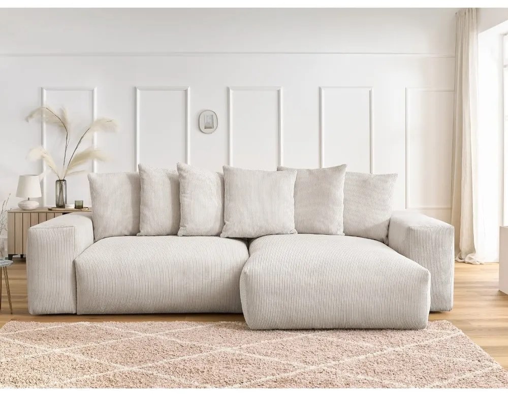 Krémovobiela menčestrová rozkladacia/s úložným priestorom rohová pohovka Voltaire – Bobochic Paris