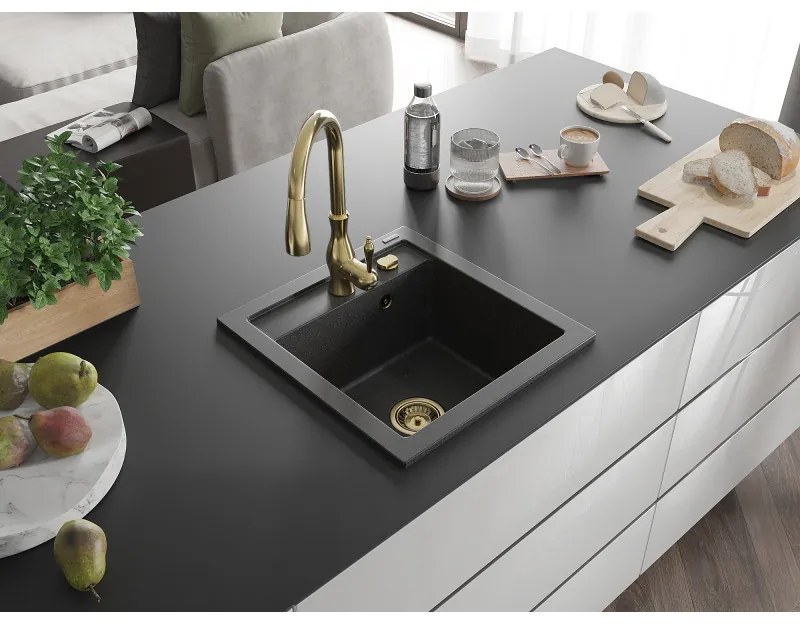 Mexen Vito, 1-komorový granitový drez 520x490x210 mm a drezová batéria Savita, čierna škvrtnitá, 6503-76-672601-50