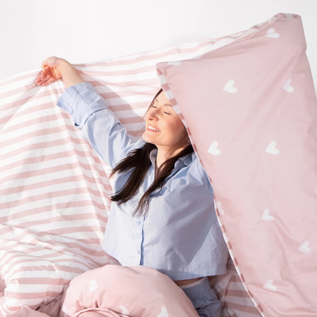 Goldea bavlnené posteľné obliečky - srdiečka na púdrovo ružovom s prúžkami 140 x 200 a 70 x 90 cm