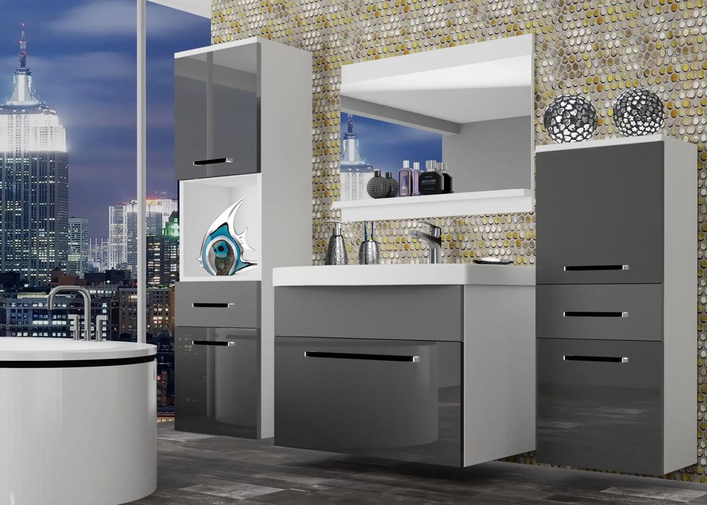 Kúpeľňový nábytok Belini šedý lesk / šedý mat + umývadlo + zrkadlo ROD PM 5/0/W/SSR/0/ZW