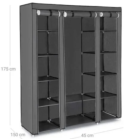 Úložná textilná skriňa s policami a vešiakovou tyčou MATIS 150x175 cm sivá