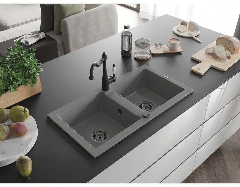 Mexen Mario, granitový drez 820x436x161 mm, 2-komorový a drezová batéria Carla, šedá, 6504-71-670700-70-B