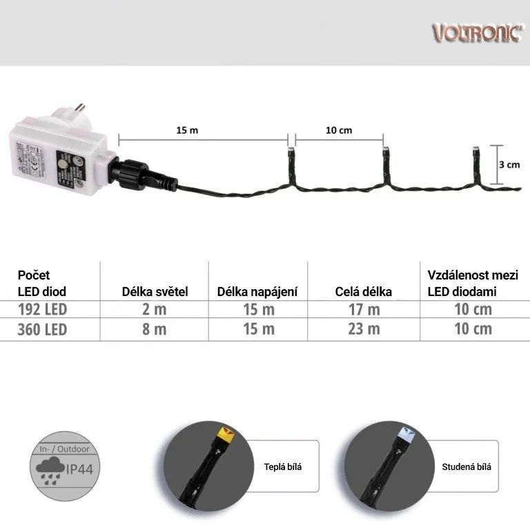 VOLTRONIC Svetelná reťaz v tvare kužeľa 192 LED, stud. biela