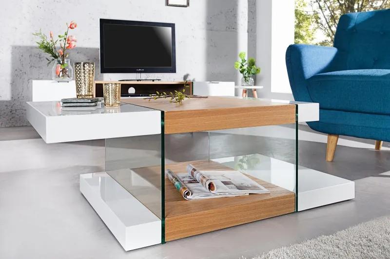Konferenčný stolík Onyx  110 cm biely z dubového dreva a skla