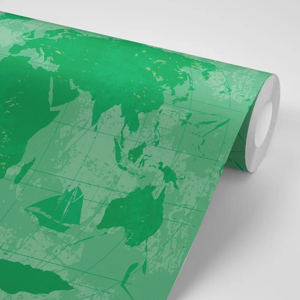 Tapeta rustikálna mapa sveta v zelenej farbe - 225x150