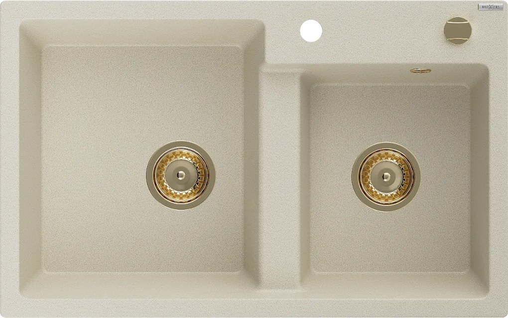 Mexen Tomas, granitový drez 800x500x190 mm, 2-komorový, béžová so zlatým sifónom, 6516802000-69-G