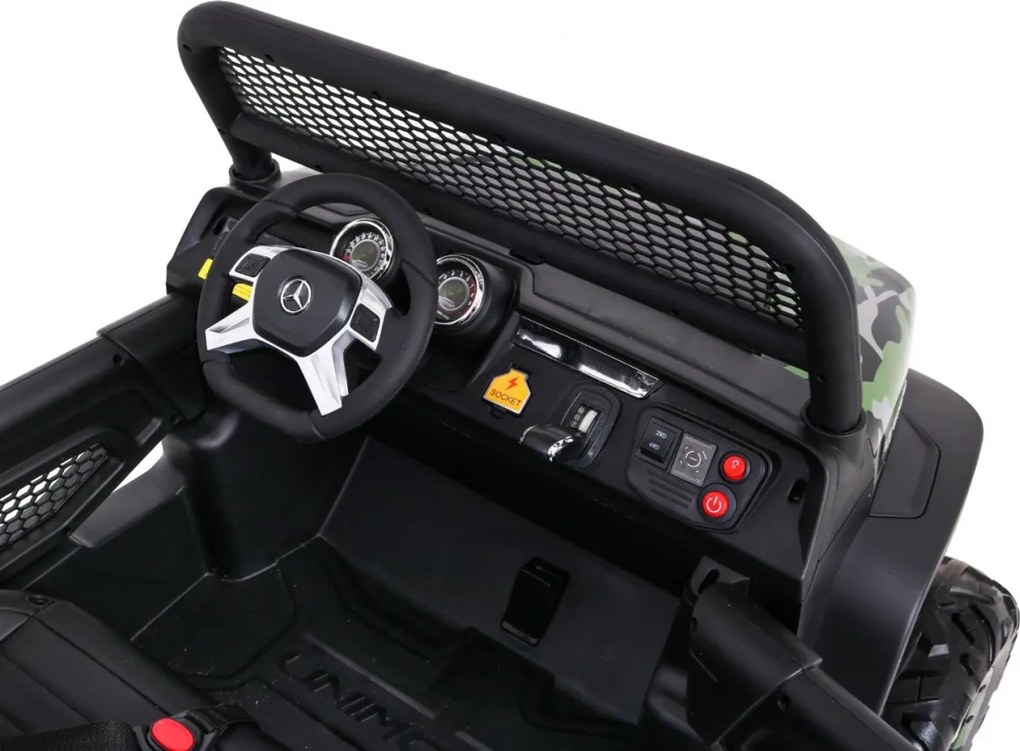Ramiz Mercedes Benz Unimog pre deti farba Moro + 4x4 + diaľkové ovládanie + nosič batožiny + bezplatné štartovanie + rádio MP3 + LED