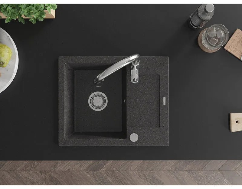 Mexen Enzo, 1-komorový granitový drez 576x465x174 mm a drezová batéria Savita, čierna škvrtnitá, 6506-76-672601-00