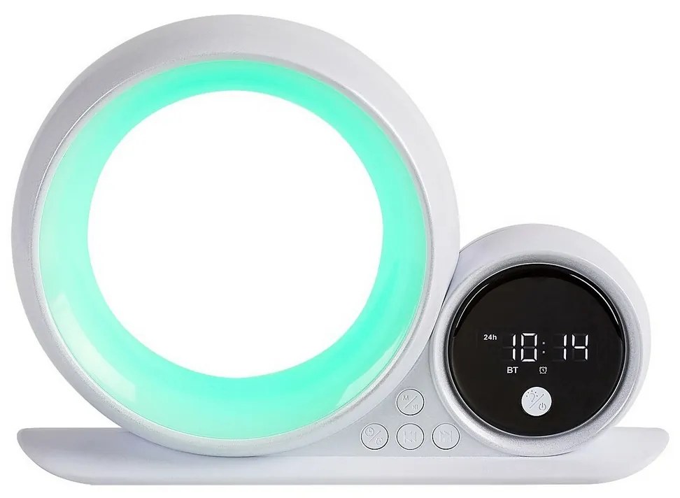 Rabalux 76109 dekoratívna stolná lampa Wakeway, s reproduktorom, RGB, hodinami a budíkom