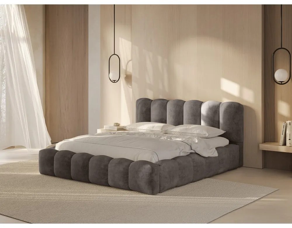 Svetlohnedá čalúnená dvojlôžková posteľ s úložným priestorom a roštom 200x200 cm Lupine – Micadoni Home