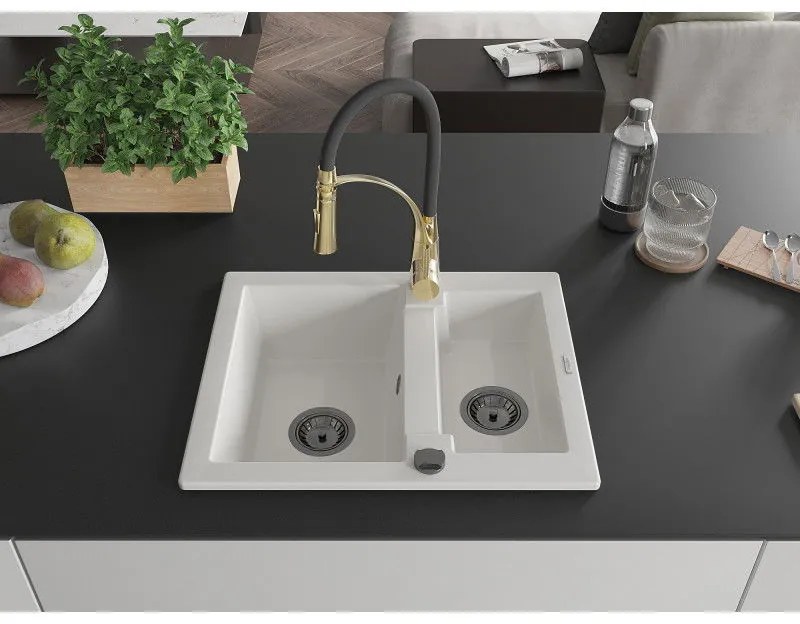 Mexen Carlos, 1,5-komorový granitový drez 582x475x177 mm a drezová batéria Aster, biela, 6518-20-73450-57-B