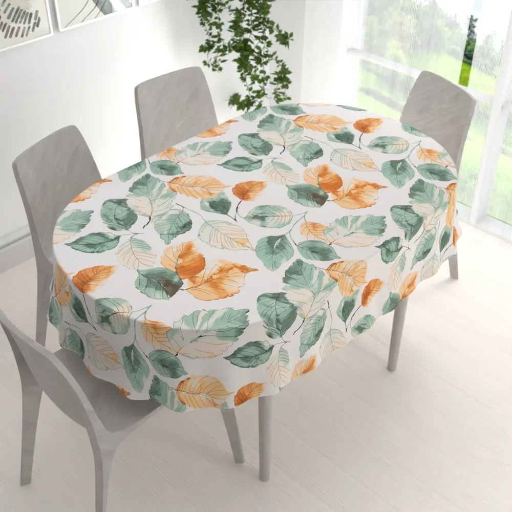 Biante Bavlnený oválny obrus Sandra SA-748 Hnedo-zelené akvarelové listy na bielom 100x140 cm