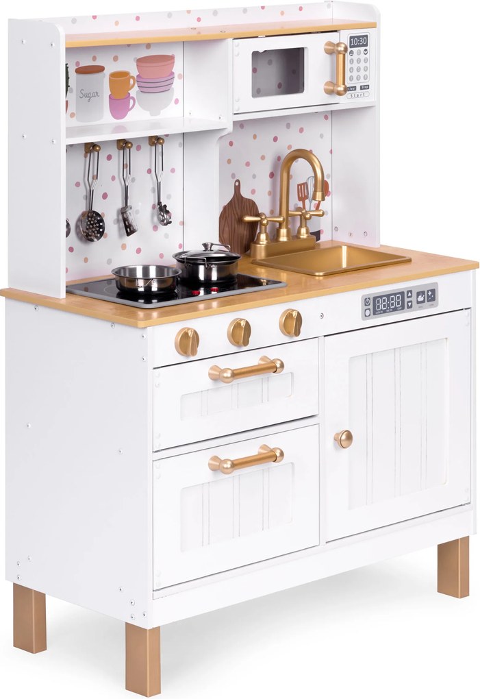 Detská drevená kuchynka ECOTOYS s LED a zvukmi, otvárateľné dvierka, 7 kovových doplnkov