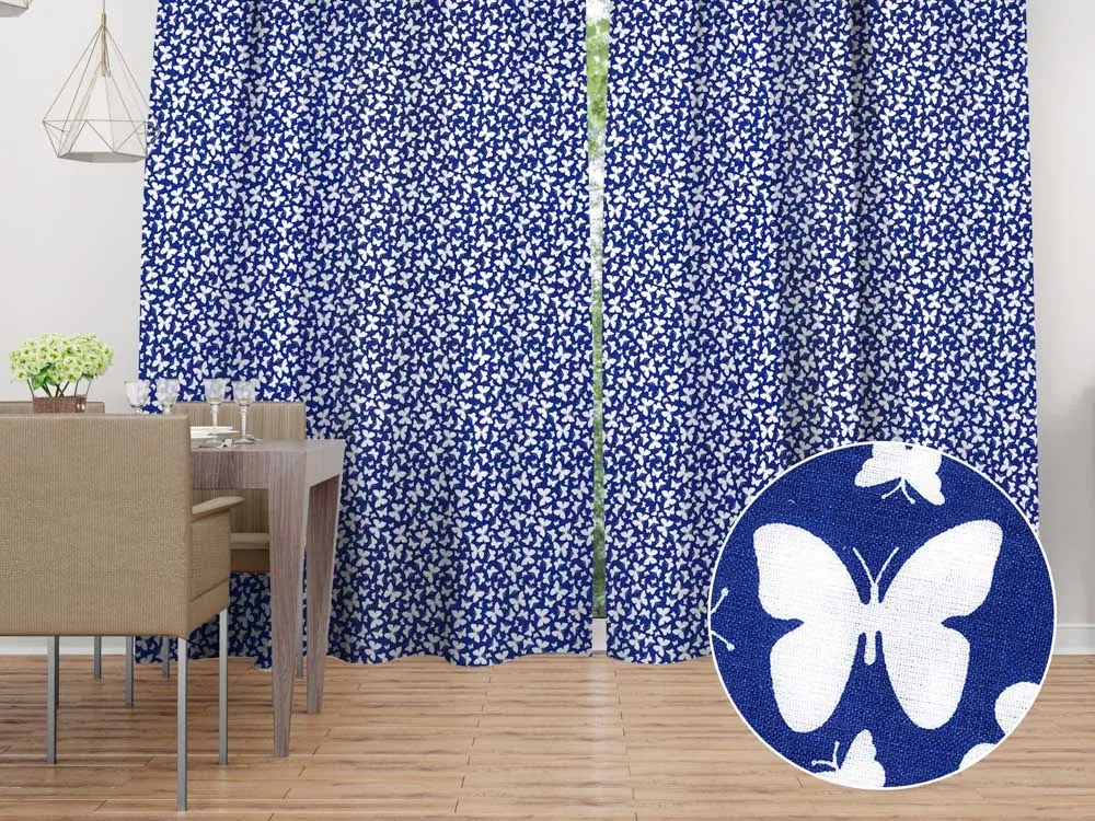 Biante Bavlnený záves Sandra SA-376 Biele motýliky na modrom 150x140 cm